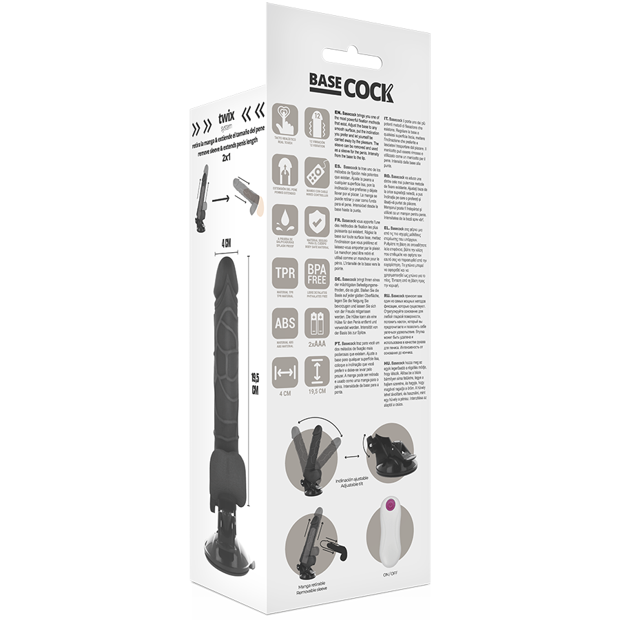BASECOCK - VIBRATEUR RÉALISTE TÉLÉCOMMANDE NOIR AVEC TESTICULES 19.5 CM -O- 4 CM BASECOCK