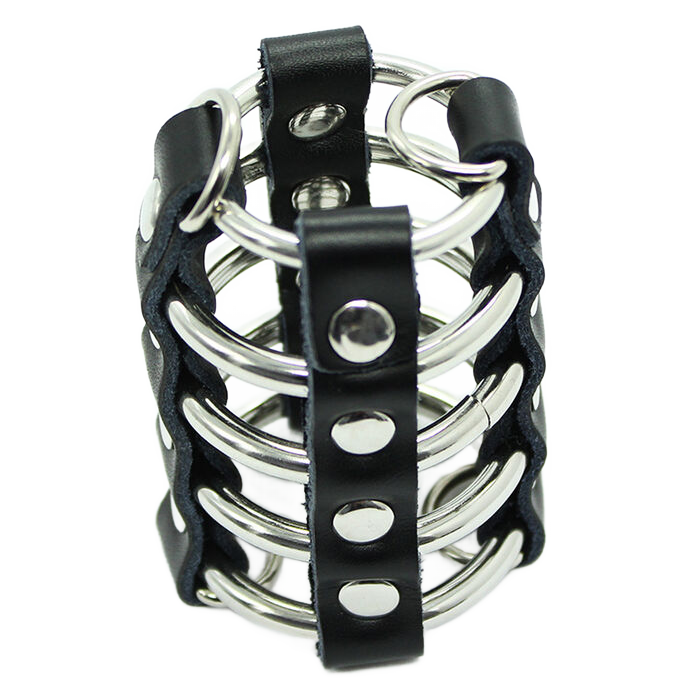 OHMAMA FETISH - CAGE  PÉNIS AVEC ANNEAUX MÉTALLIQUES ET SANGLE EN CUIR OHMAMA FETISH