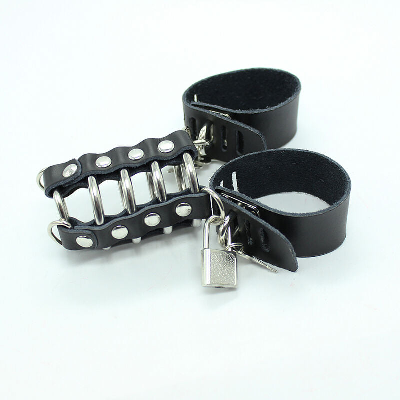OHMAMA FETISH - CAGE  PÉNIS AVEC ANNEAUX MÉTALLIQUES ET SANGLE EN CUIR OHMAMA FETISH