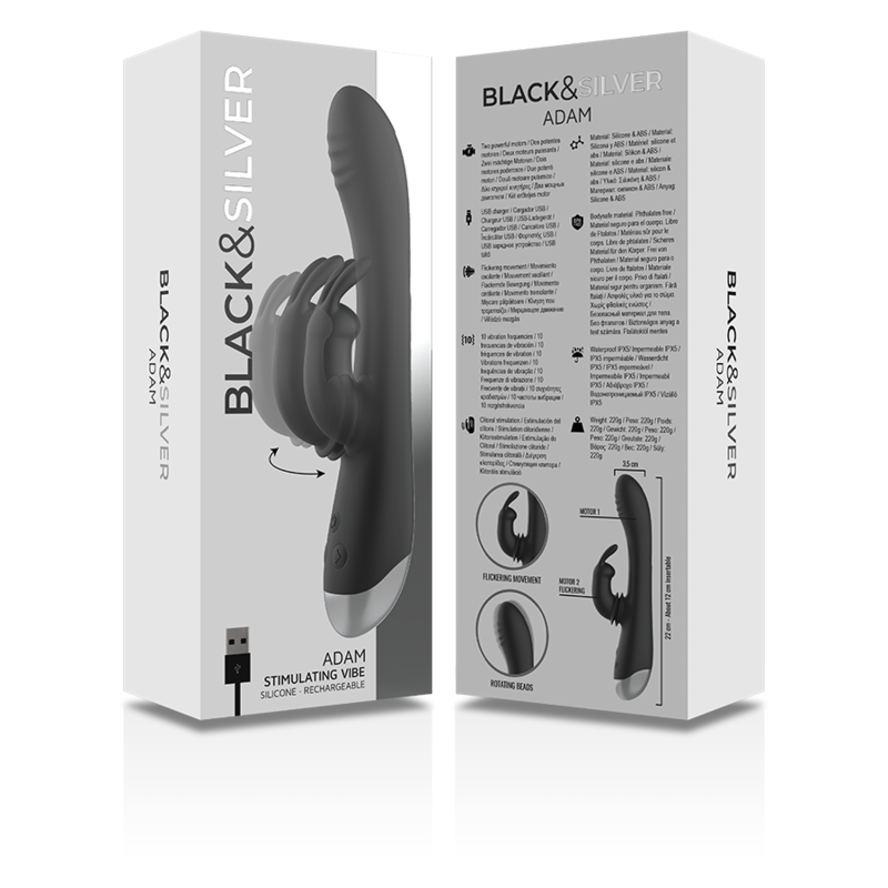 BLACK&SILVER - DJ. STIMULATEUR DE LAPIN RECHARGEABLE EN SILICONE ADAM NOIR BLACK&SILVER