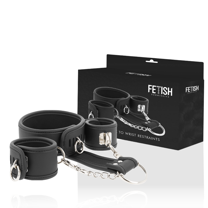 FETISH SUBMISSIVE - COLLIER ET MENOTTES EN CUIR VÉGAN AVEC DOUBLURE EN NOPRÈNE FETISH SUBMISSIVE BONDAGE
