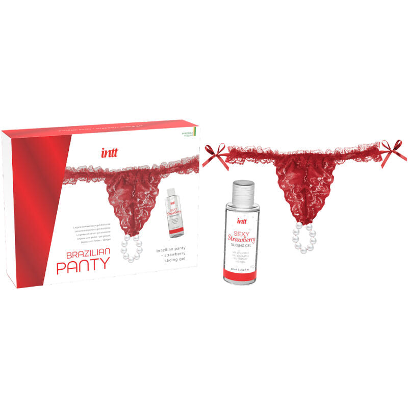 INTT RELEASES - CULOTTE ROUGE BRÉSILIENNE AVEC PERLES ET GEL LUBRIFIANT 50 ML INTT RELEASES