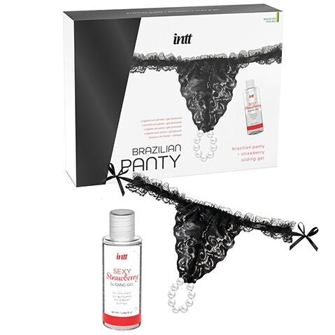 INTT RELEASES - CULOTTE BRÉSILIENNE NOIRE AVEC PERLES ET GEL LUBRIFIANT 50 ML INTT RELEASES