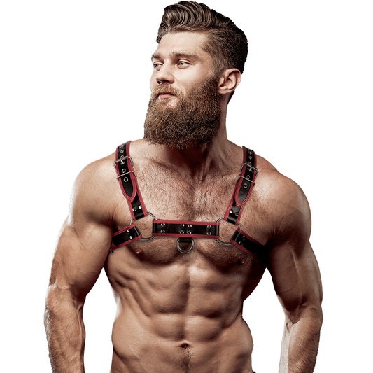 FETISH SUBMISSIVE ATTITUDE - HARNAIS DE POITRINE EN ÉCO-CUIR POUR HOMME NOIR/ROUGE FETISH SUBMISSIVE ATTITUDE