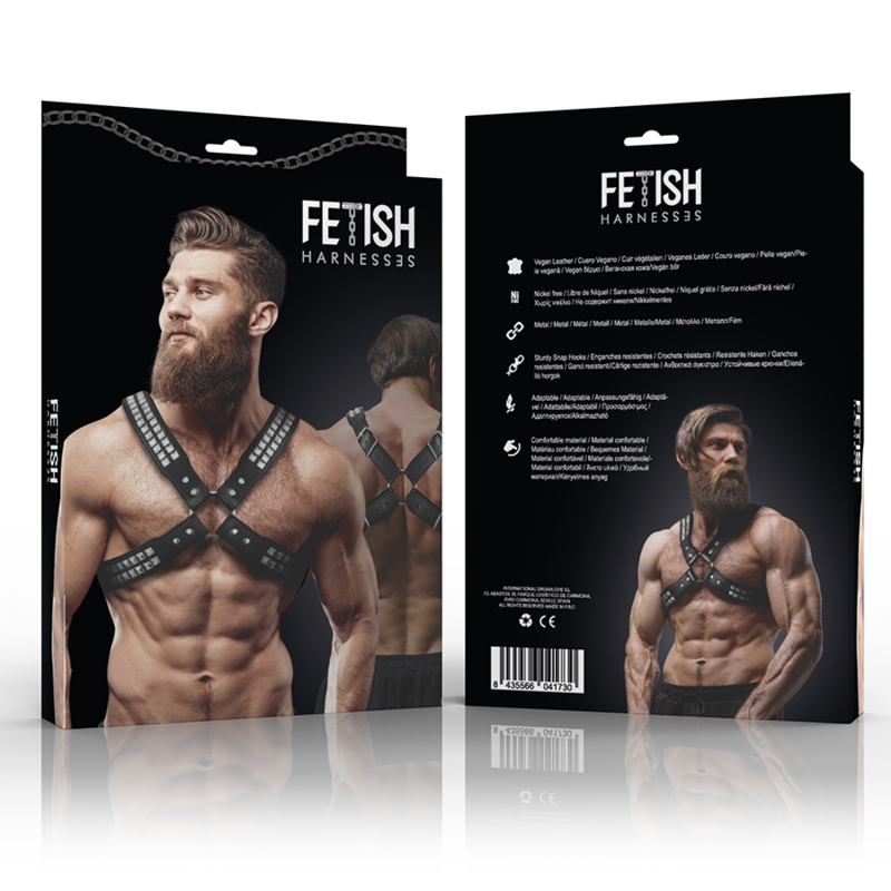 FETISH SUBMISSIVE ATTITUDE - HARNAIS EN CUIR ÉCOLOGIQUE POUR HOMMES  POITRINE CROISÉE AVEC RIVETS FETISH SUBMISSIVE ATTITUDE