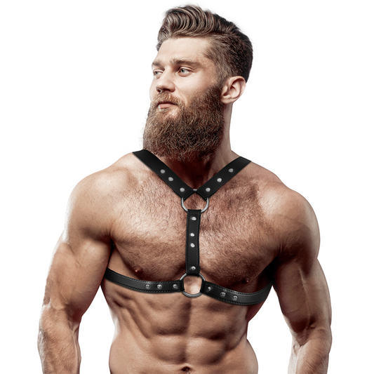 FETISH SUBMISSIVE ATTITUDE - HARNAIS DE POITRINE EN ÉCO-CUIR AVEC DOUBLE SUPPORT ET CLOUS POUR HOMMES FETISH SUBMISSIVE ATTITUDE