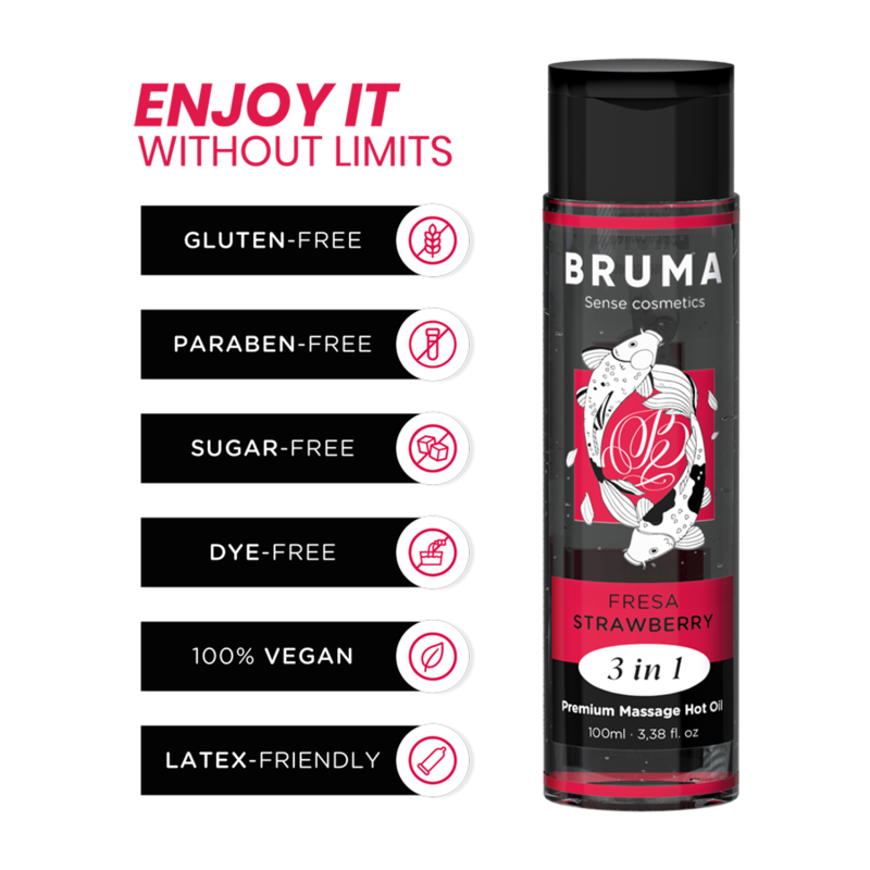 BRUMA - HUILE DE MASSAGE PREMIUM EFFET CHALEUR SAVEUR FRAISE 3 EN 1 - 100 ML BRUMA