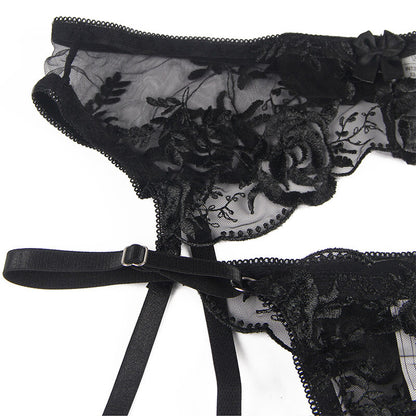 SUBBLIME - ENSEMBLE 3 PIÈCES SOUTIEN-GORGE + STRING + JARRETIÈRE IMPRIMÉ FLORAL NOIR S/M SUBBLIME SETS