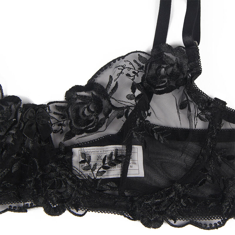 SUBBLIME - ENSEMBLE 3 PIÈCES SOUTIEN-GORGE + STRING + JARRETIÈRE IMPRIMÉ FLORAL NOIR S/M SUBBLIME SETS