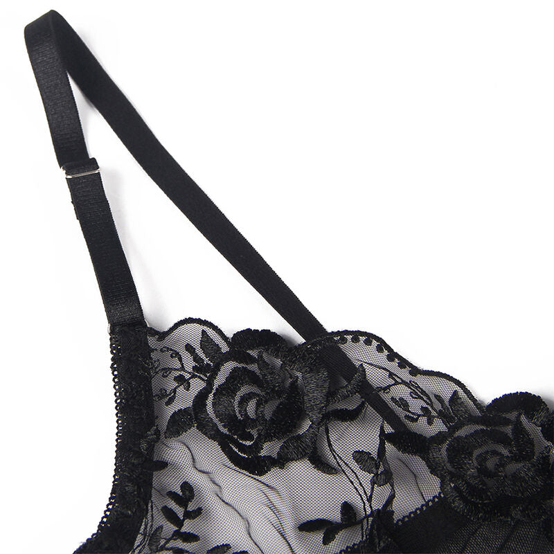 SUBBLIME - ENSEMBLE 3 PIÈCES SOUTIEN-GORGE + STRING + JARRETIÈRE IMPRIMÉ FLORAL NOIR S/M SUBBLIME SETS