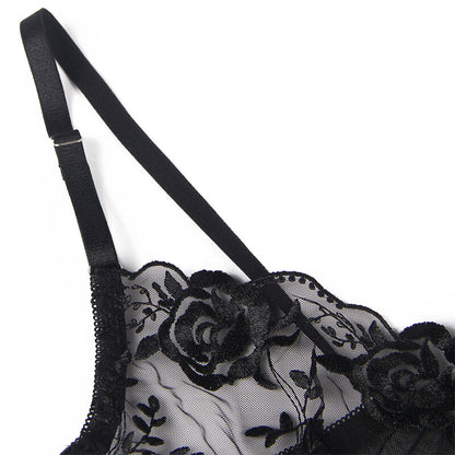 SUBBLIME - ENSEMBLE 3 PIÈCES SOUTIEN-GORGE + STRING + JARRETIÈRE IMPRIMÉ FLORAL NOIR S/M SUBBLIME SETS