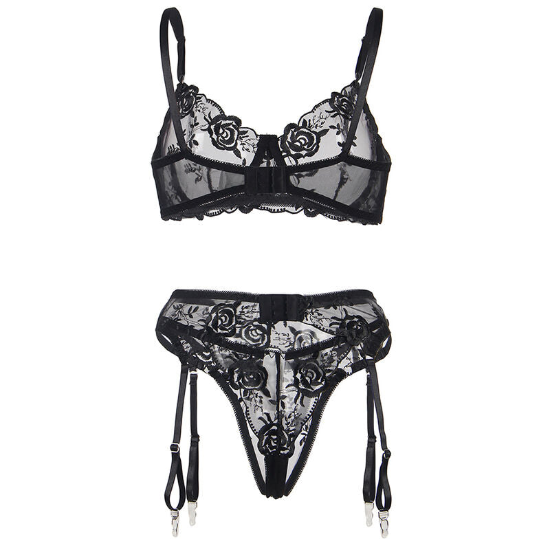 SUBBLIME - ENSEMBLE 3 PIÈCES SOUTIEN-GORGE + STRING + JARRETIÈRE IMPRIMÉ FLORAL NOIR S/M SUBBLIME SETS