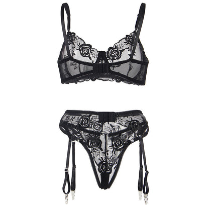 SUBBLIME - ENSEMBLE 3 PIÈCES SOUTIEN-GORGE + STRING + JARRETIÈRE IMPRIMÉ FLORAL NOIR S/M SUBBLIME SETS