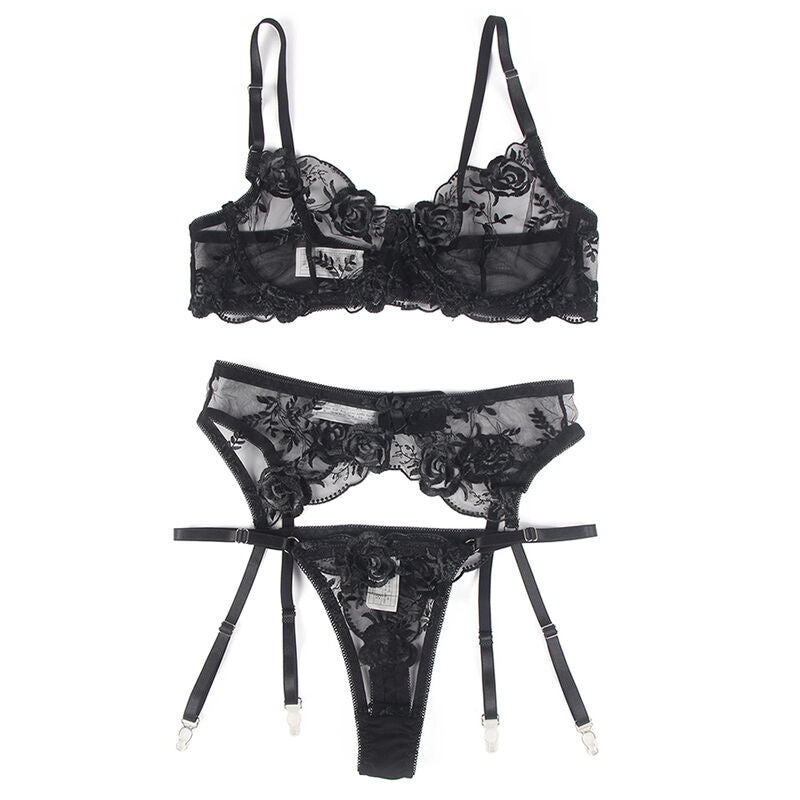 SUBBLIME - LOT 3 PIÈCES SOUTIEN-GORGE + STRING + JARRETIÈRE IMPRIMÉ FLORAL NOIR L/XL SUBBLIME SETS