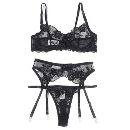 SUBBLIME - LOT 3 PIÈCES SOUTIEN-GORGE + STRING + JARRETIÈRE IMPRIMÉ FLORAL NOIR L/XL SUBBLIME SETS