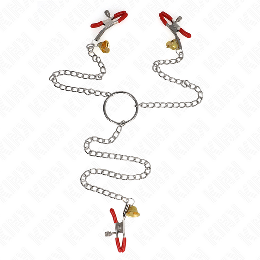 KINK - PINCES À TAMELON ET CLITO BELL TRIPLE ROUGE AVEC CHAINE 30 CM KINK NIPPLE GRIP