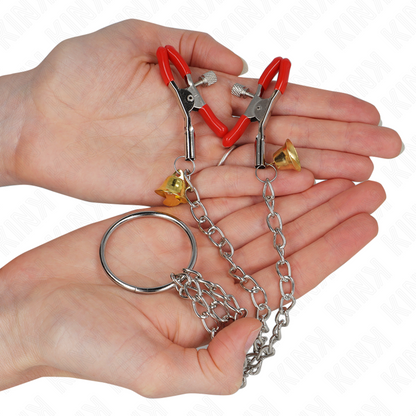 KINK - PINCES À TAMELON ET CLITO BELL TRIPLE ROUGE AVEC CHAINE 30 CM KINK NIPPLE GRIP