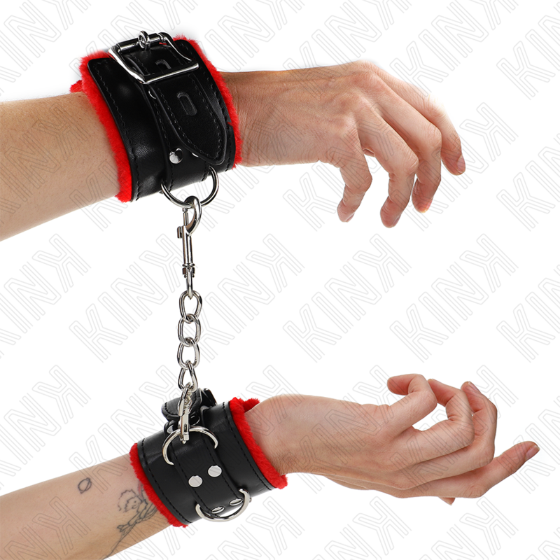 KINK - APPUI-POIGNETS DOUBLÉS DE FOURRURE AVEC TROUS CARRÉS CEINTURE ROUGE ET NOIRE RÉGLABLE 17-29 CM X 6 CM KINK WRIST RESTRAINT
