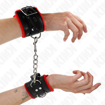 KINK - APPUI-POIGNETS DOUBLÉS DE FOURRURE AVEC TROUS CARRÉS CEINTURE ROUGE ET NOIRE RÉGLABLE 17-29 CM X 6 CM KINK WRIST RESTRAINT