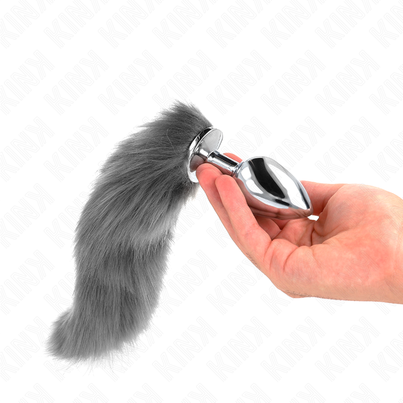 KINK - PLUG ANAL TAILLE L 10 X 4 CM AVEC QUEUE SYNTHÉTIQUE 40 CM GRIS ET BLANC KINK PLEASURE PLUGS