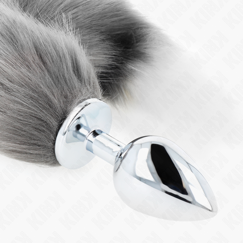 KINK - PLUG ANAL TAILLE L 10 X 4 CM AVEC QUEUE SYNTHÉTIQUE 40 CM GRIS ET BLANC KINK PLEASURE PLUGS