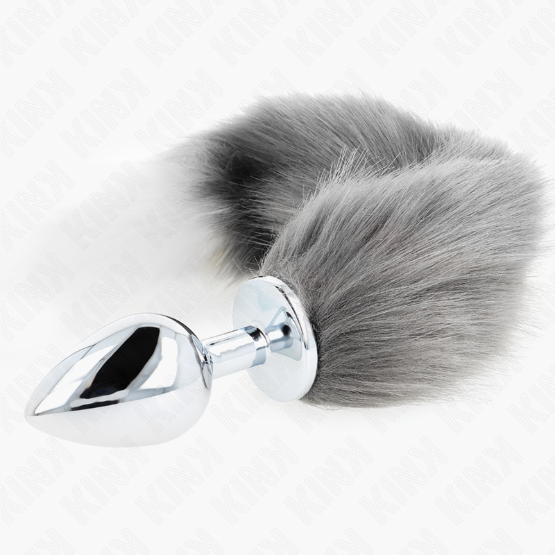 KINK - PLUG ANAL TAILLE L 10 X 4 CM AVEC QUEUE SYNTHÉTIQUE 40 CM GRIS ET BLANC KINK PLEASURE PLUGS
