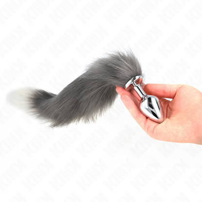 KINK - PLUG ANAL TAILLE M 8 X 3,5 CM AVEC QUEUE SYNTHÉTIQUE 40 CM GRIS ET BLANC KINK PLEASURE PLUGS