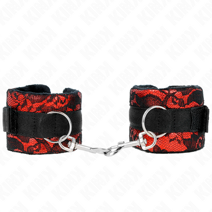 KINK - ATTENTES-POIGNETS COURTES EN DENTELLE DE VELOURS ET RELIURE EN NYLON ROUGE / NOIR 23 X 6,5 CM KINK WRIST RESTRAINT