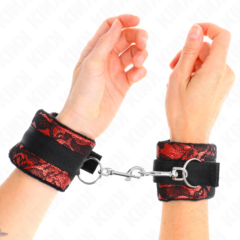 KINK - ATTENTES-POIGNETS COURTES EN DENTELLE DE VELOURS ET RELIURE EN NYLON ROUGE / NOIR 23 X 6,5 CM KINK WRIST RESTRAINT