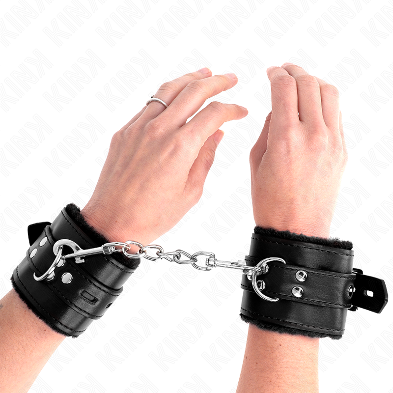 KINK - APPUI-POIGNETS DOUBLÉS DE FOURRURE AVEC TROUS CARRÉS NOIR ET CEINTURE NOIRE RÉGLABLE 17-29 CM X 6 CM KINK WRIST RESTRAINT