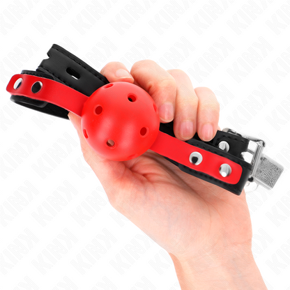KINK - BALLE DURE CREUSE ROUGE 4 CM GAG BRACELET NOIR 60 x 2 CM AJUSTABLE 37-52 CM KINK COLLAR & GAG