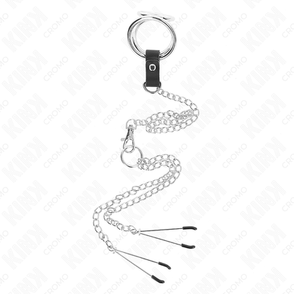 KINK - ANNEAU PÉNIS EN MÉTAL TRIPLE CHROME 3 CM À 4,5 CM AVEC CHAÎNE EN MÉTAL DE 26 CM ET PINCES À TÉTONS KINK RING POWER