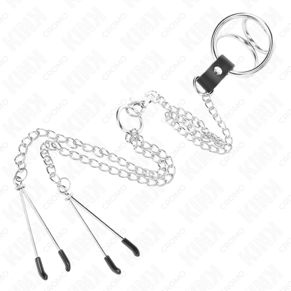 KINK - ANNEAU PÉNIS EN MÉTAL TRIPLE CHROME 3 CM À 4,5 CM AVEC CHAÎNE EN MÉTAL DE 26 CM ET PINCES À TÉTONS KINK RING POWER
