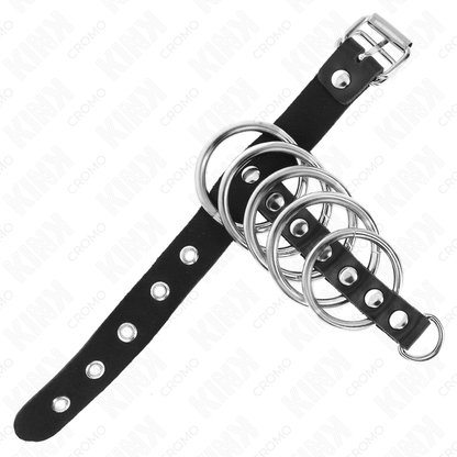 KINK - ANNEAU PÉNIS EN CUIR AVEC SANGLE DE VERROUILLAGE 21 X 2 CM ET 5 ANNEAUX MÉTALLIQUES DE 3 CM À 4 CM KINK RING POWER