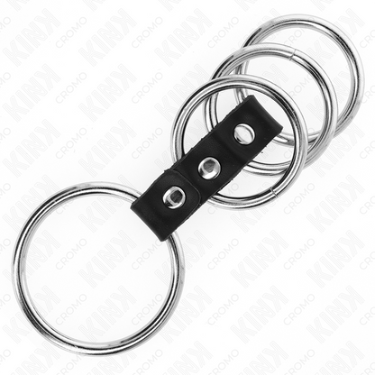 KINK - 4 ANNEAUX PÉNIS EN MÉTAL DE 3,7 CM À 5 CM CONNECTÉS PAR DU CUIR KINK RING POWER