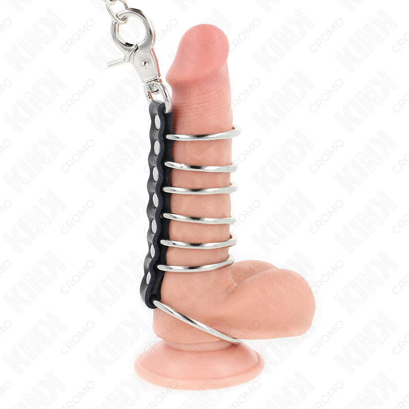 KINK - 7 ANNEAUX PÉNIS EN MÉTAL DE 3,8 CM À 5 CM CONNECTÉS AVEC DU CUIR ET UNE CHAÎNE EN MÉTAL 100 CM KINK RING POWER