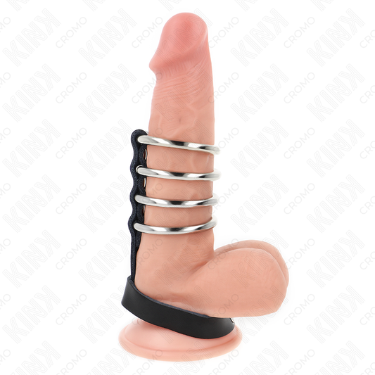 KINK - 4 ANNEAUX PÉNIS EN MÉTAL 3,8 CM CONNECTÉS AVEC SANGLE EN CUIR 22 X 1,5 CM ET FERMETURE À PRESSION KINK RING POWER
