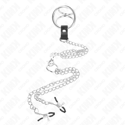 KINK - ANNEAU PÉNIS EN MÉTAL TRIPLE CHROME 3,8 CM À 5 CM AVEC CHAÎNE EN MÉTAL DE 26 CM ET PINCES À TÉTONS MODÈLE 1 KINK RING POWER