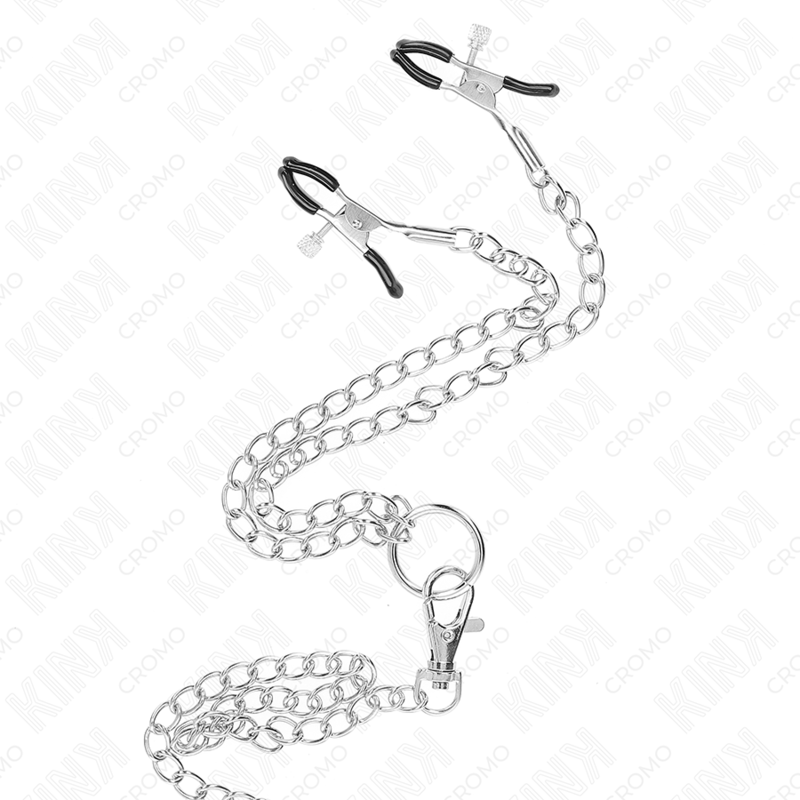 KINK - ANNEAU PÉNIS EN MÉTAL TRIPLE CHROME 3,8 CM À 5 CM AVEC CHAÎNE EN MÉTAL DE 26 CM ET PINCES À TÉTONS MODÈLE 1 KINK RING POWER