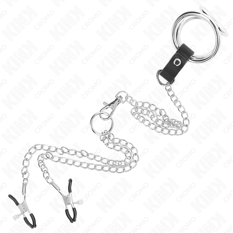 KINK - ANNEAU PÉNIS EN MÉTAL TRIPLE CHROME 3,8 CM À 5 CM AVEC CHAÎNE EN MÉTAL DE 26 CM ET PINCES À TÉTONS MODÈLE 1 KINK RING POWER
