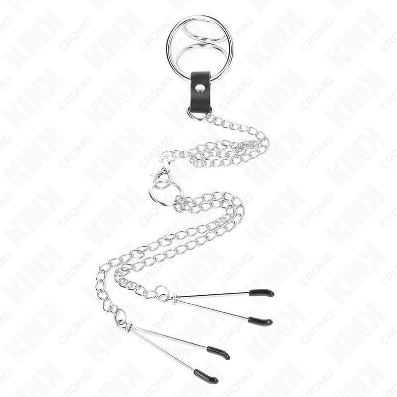KINK - ANNEAU PÉNIS EN MÉTAL TRIPLE CHROME 3,8 CM À 5 CM AVEC CHAÎNE EN MÉTAL DE 26 CM ET PINCES À TÉTONS MODÈLE 2 KINK RING POWER
