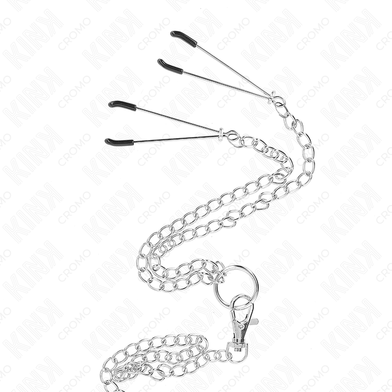 KINK - ANNEAU PÉNIS EN MÉTAL TRIPLE CHROME 3,8 CM À 5 CM AVEC CHAÎNE EN MÉTAL DE 26 CM ET PINCES À TÉTONS MODÈLE 2 KINK RING POWER