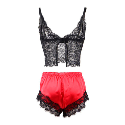 SUBBLIME - 953959 CHEMISE DE NUIT DÉCONTRACTÉE EN SOIE + PANTALON EN DENTELLE NOIR/ROUGE S/M SUBBLIME SETS
