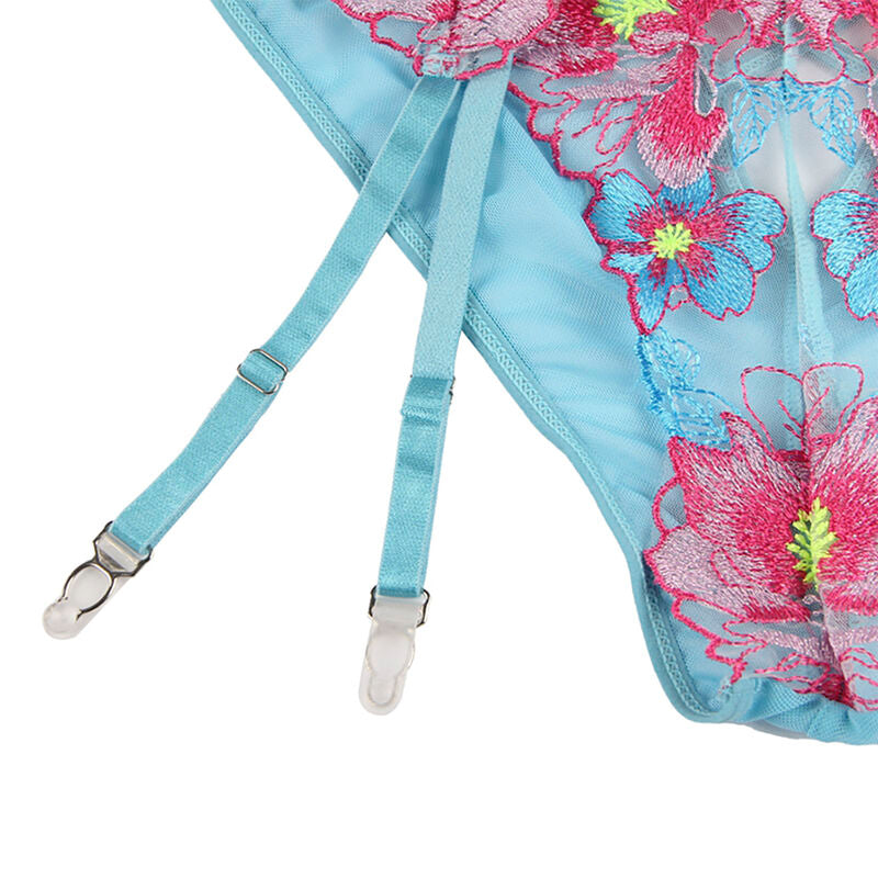 SUBBLIME - 954116 SOUTIEN-GORGE + CULOTTE AVEC PORTE-JARRETELLES MOTIF FLORAL BLEU L/XL SUBBLIME SETS