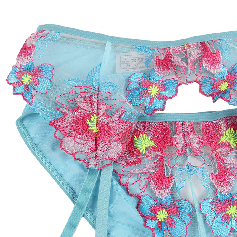 SUBBLIME - 954116 SOUTIEN-GORGE + CULOTTE AVEC PORTE-JARRETELLES MOTIF FLORAL BLEU L/XL SUBBLIME SETS