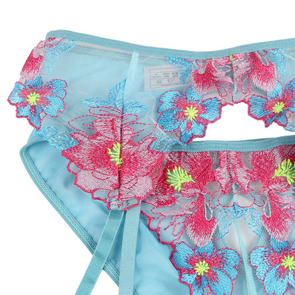 SUBBLIME - 954116 SOUTIEN-GORGE + CULOTTE AVEC PORTE-JARRETELLES MOTIF FLORAL BLEU L/XL SUBBLIME SETS