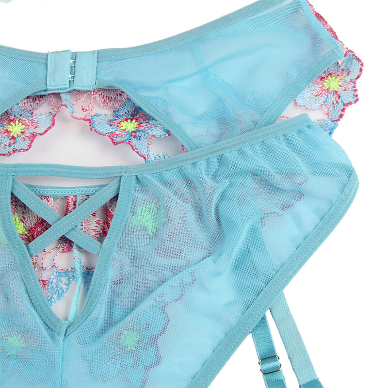 SUBBLIME - 954116 SOUTIEN-GORGE + CULOTTE AVEC PORTE-JARRETELLES MOTIF FLORAL BLEU L/XL SUBBLIME SETS