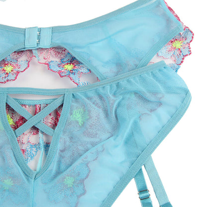 SUBBLIME - 954116 SOUTIEN-GORGE + CULOTTE AVEC PORTE-JARRETELLES MOTIF FLORAL BLEU L/XL SUBBLIME SETS
