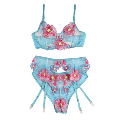 SUBBLIME - 954116 SOUTIEN-GORGE + CULOTTE AVEC PORTE-JARRETELLES MOTIF FLORAL BLEU L/XL SUBBLIME SETS