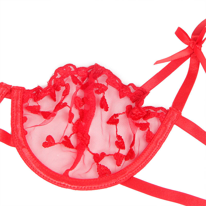 SUBBLIME - 954321 SOUTIEN-GORGE + STRING + PORTE-JARRETELLES IMPRIMÉ COEUR ROUGE S/M SUBBLIME SETS